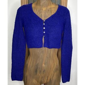 Zara Knit Cropped Sweater Cardigan Size Large Blue Button Wool Blend Stretch